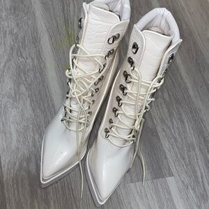 Fashion Nova Cream Lace-Up Boots